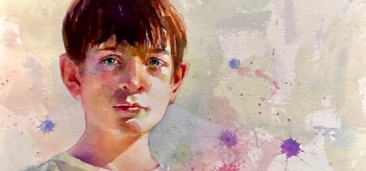 light and bright watercolor painting with blots of pink and purple scattered in the background of a young light skinned, reddish hair boy wearing a white tshirt